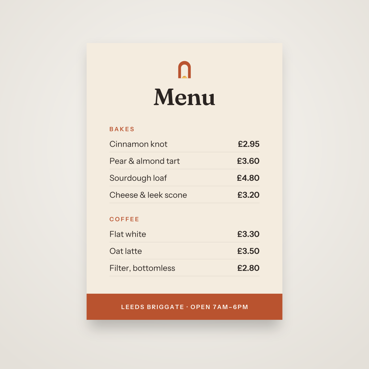 Kiln & Crumb counter menu artwork, the print-ready file for one of the approved lines.
