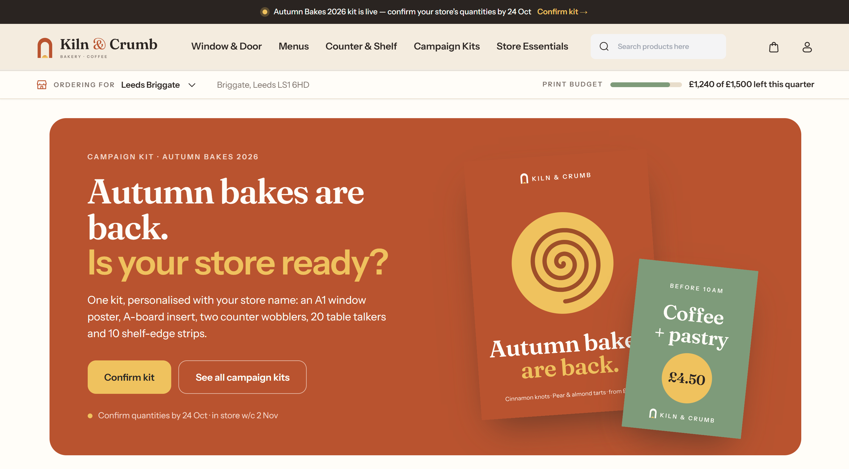 A Storefront portal branded for Kiln & Crumb, a bakery chain. A store manager at Leeds Briggate sees their print budget and a seasonal campaign kit to confirm.